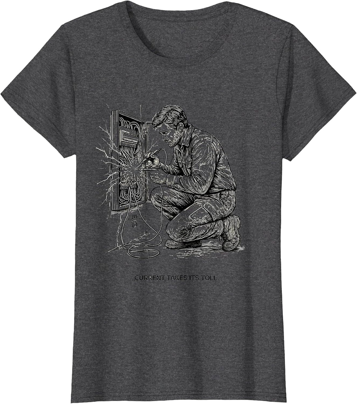 Women's Current Takes Its Toll Funny Electrician Lineman Trade Humor T-Shirt - Dark Heather Grey