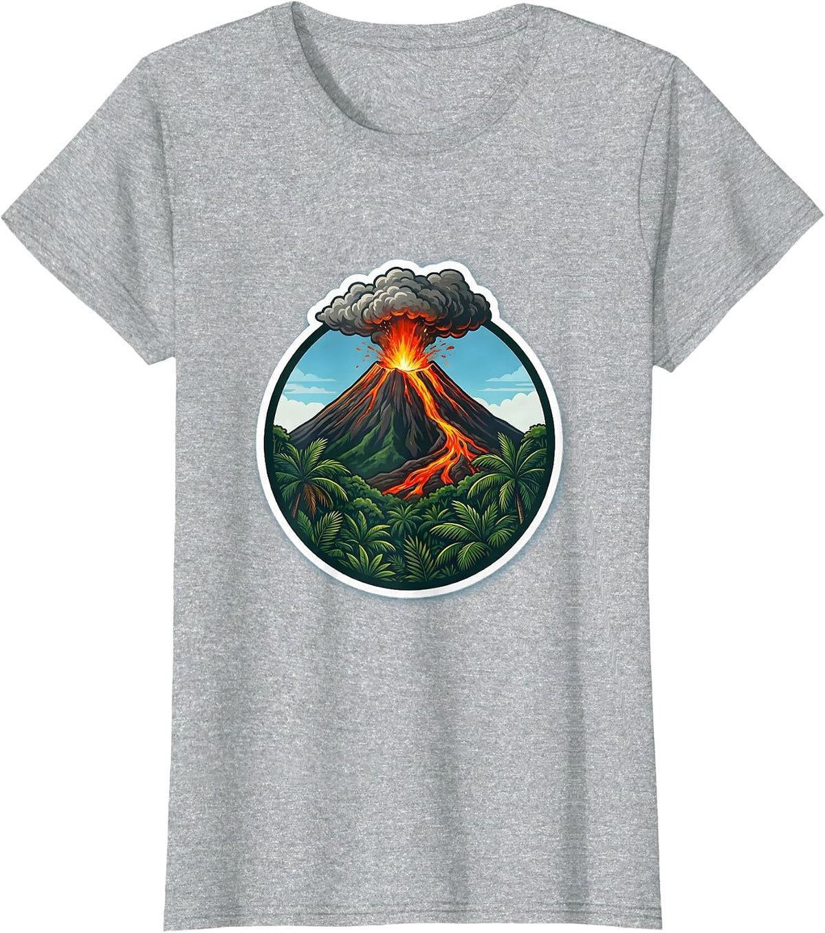 Hawaii Volcanic Eruption Jungle Illustration T-Shirt - Heather Grey