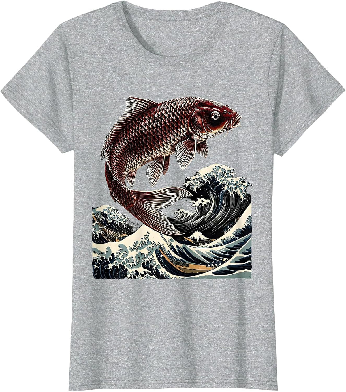 Women's Koi Fish Leaping Over Crashing Wave Japanese Art T-Shirt - Heather Grey