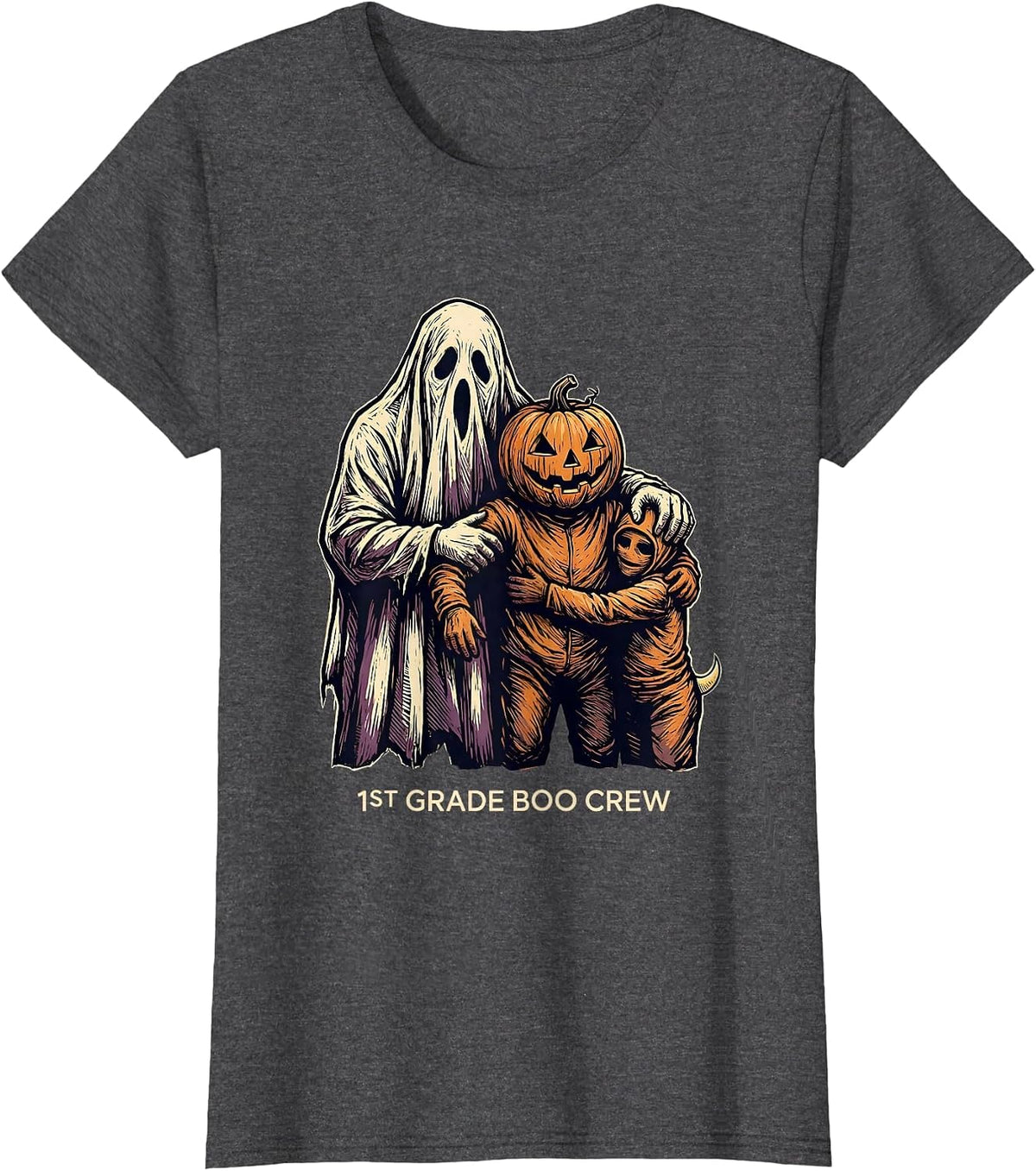Women's 1st Grade Boo Crew Playful Halloween Teacher Student Crew T-Shirt - Dark Heather Grey