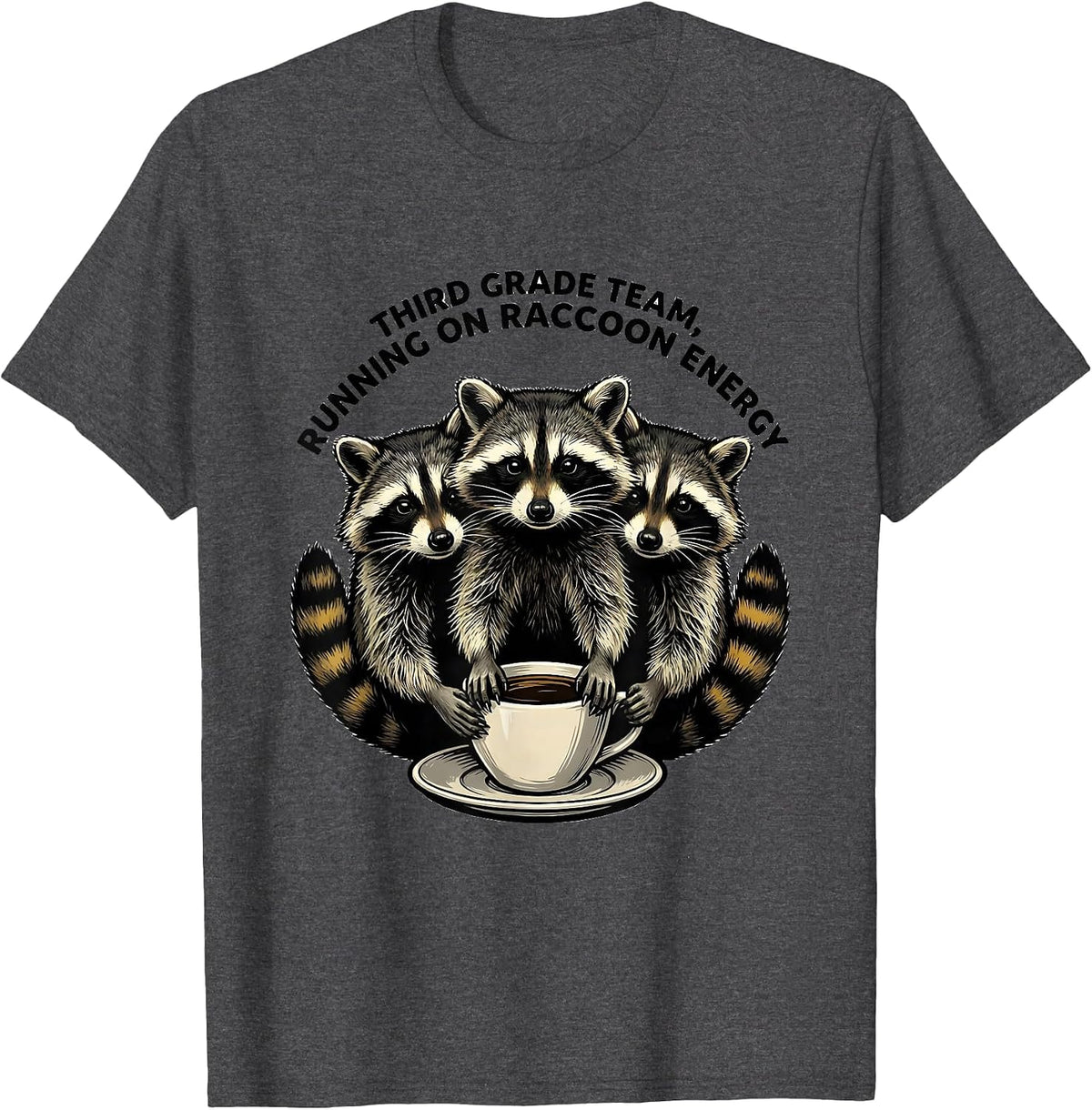 Third Grade Team, Running on Raccoon Energy Teacher T-Shirt - Dark Heather Grey