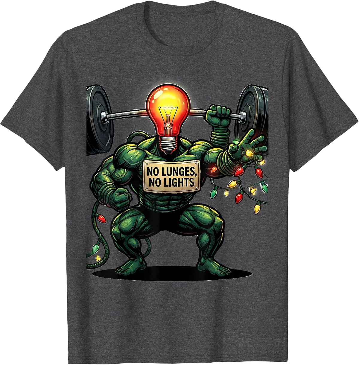 Men's No Lunges, No Lights Funny Gym Bodybuilder Christmas Workout T-Shirt - Dark Heather Grey