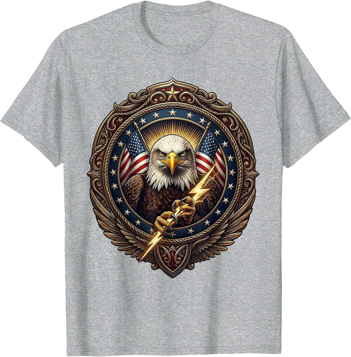 Men's Bald Eagle Lightning Bolt American Power Design T-Shirt - Heather Grey