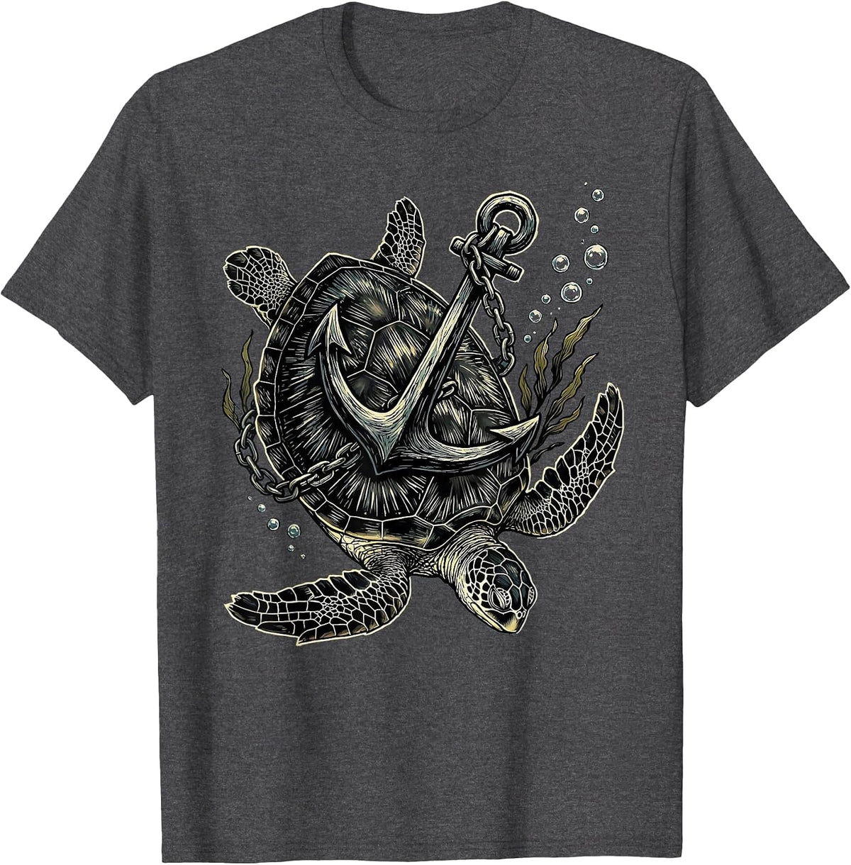 Turtle and Anchor Sinking Into the Deep Sea T-Shirt - Dark Heather Grey