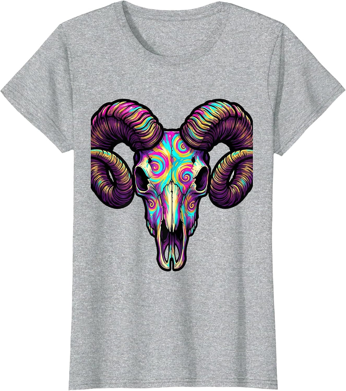 Tie Dye Ram Skull with Curling Horns Design T-Shirt - Heather Grey