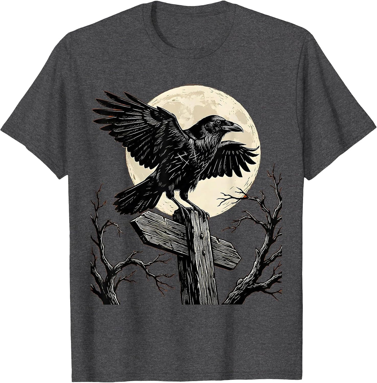 Men's Raven on Salem Sign Post Illustration T-Shirt - Dark Heather Grey