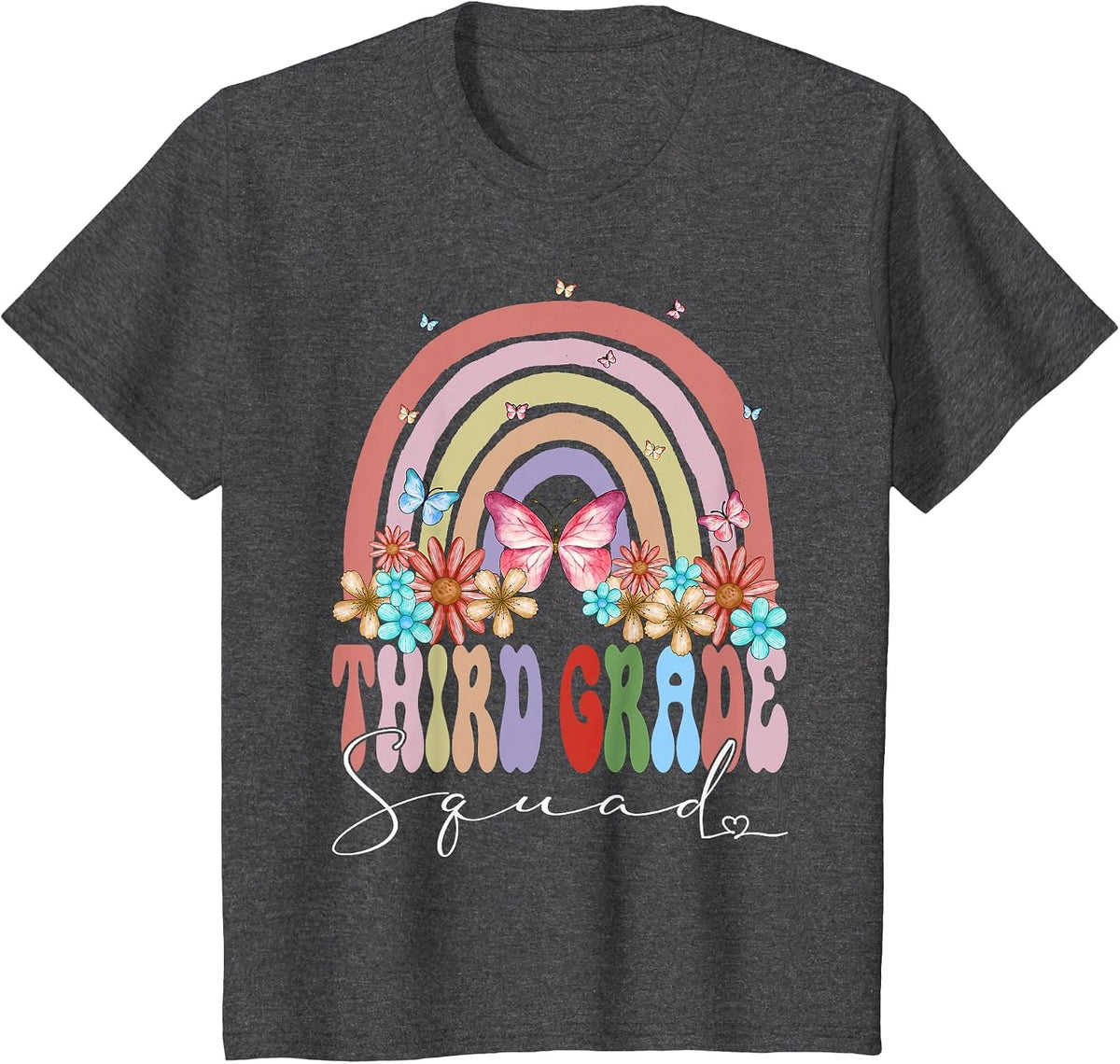 Third Grade Squad Back to School Rainbow Groovy Floral T-Shirt - Dark Heather Grey