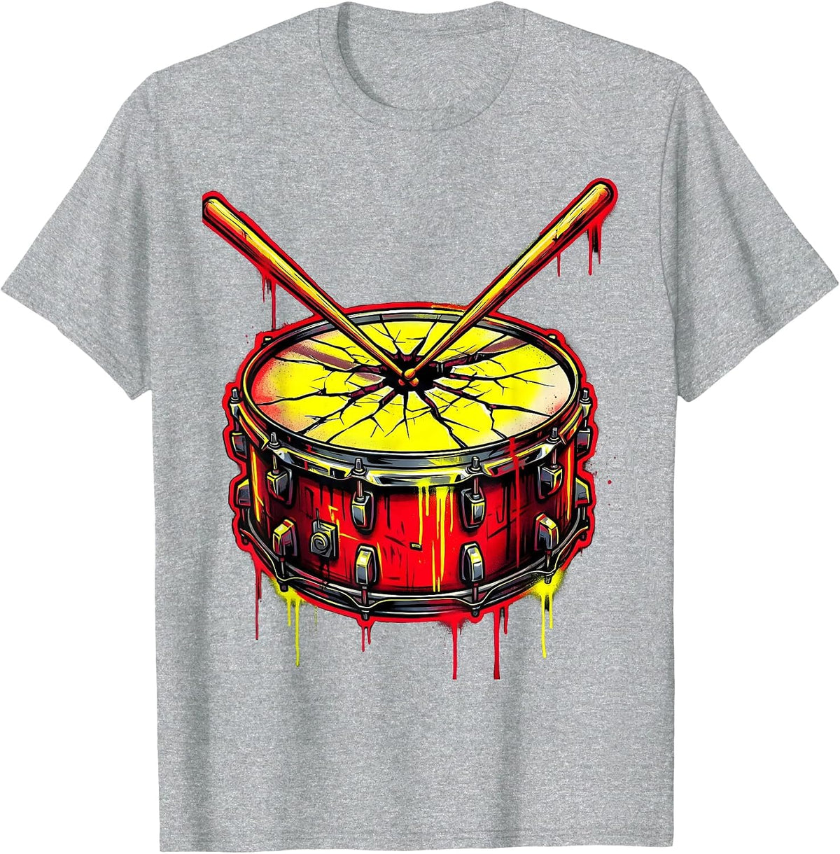 Men's Crossed Drumsticks Cracked Snare Drum Rock Graphic T-Shirt - Heather Grey