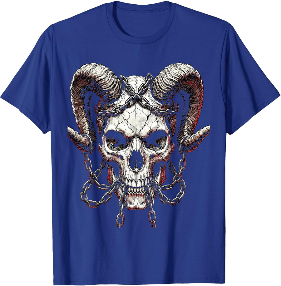 Demon Skull Ram Horns Chains Halloween Graphic T-Shirt - Royal Blue