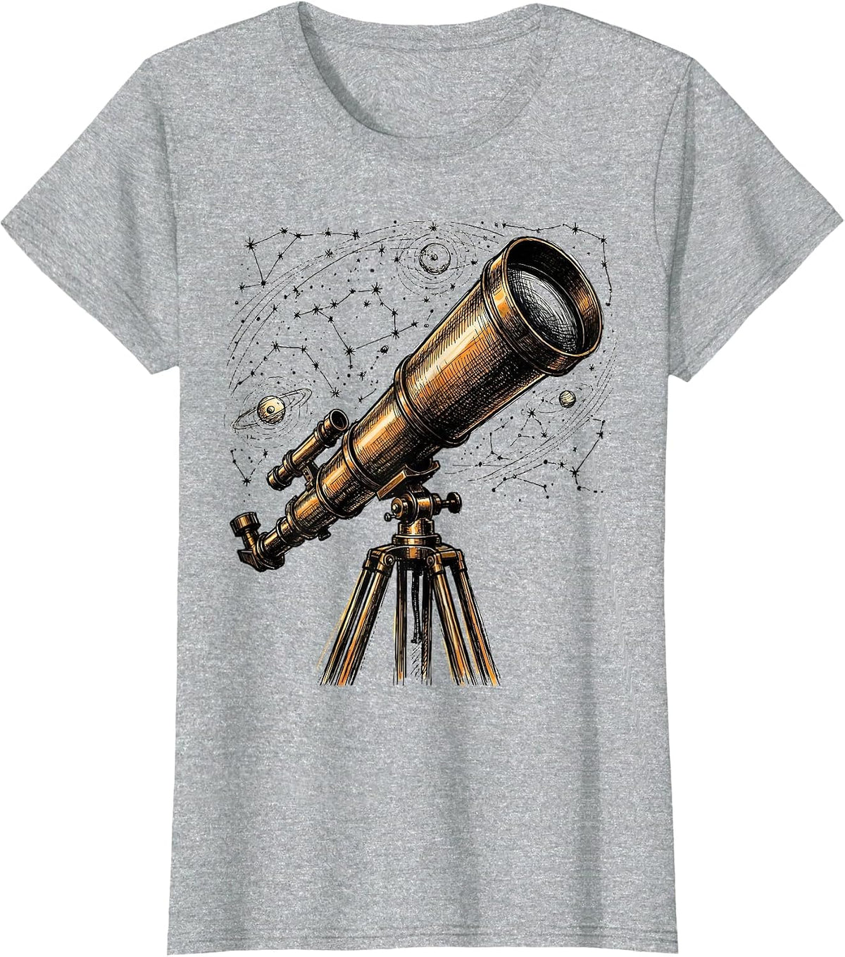 Telescope and Constellation Map Astronomy Art T-Shirt - Heather Grey