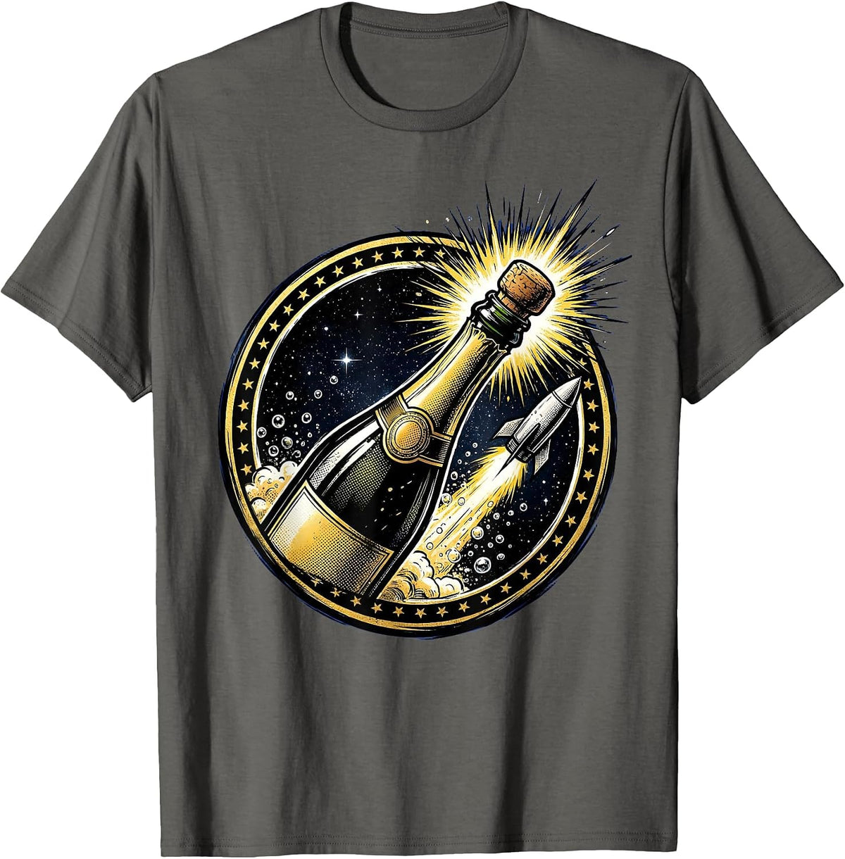 Champagne Cork Blasting Into Outer Space Graphic T-Shirt - Asphalt Grey