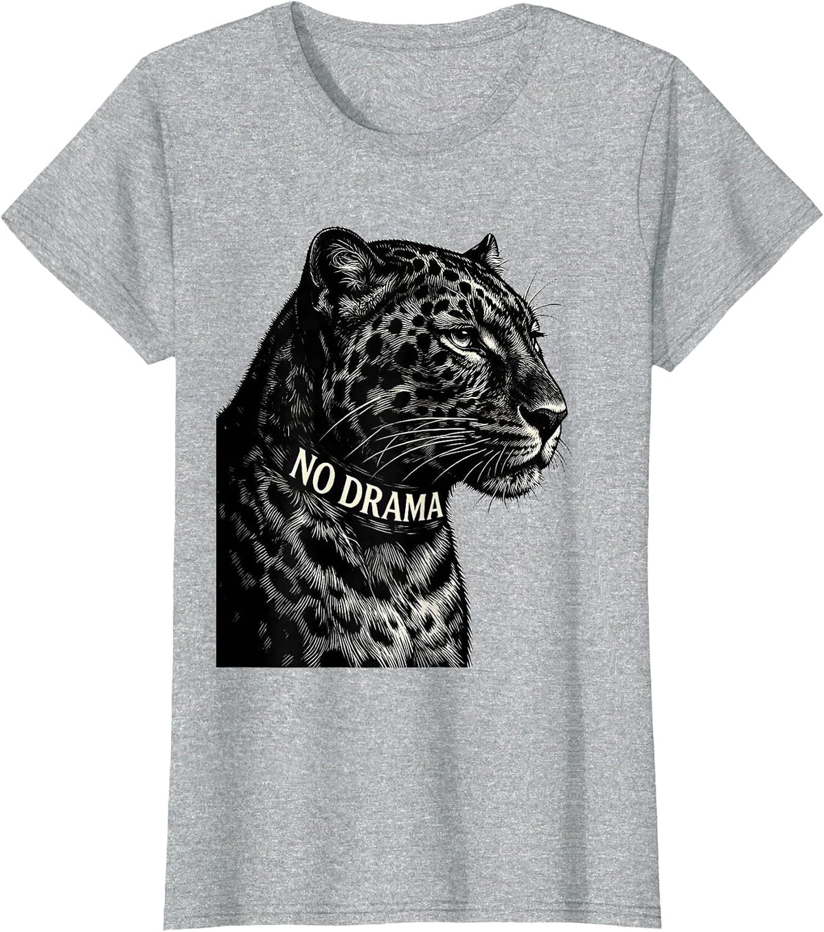 Women's No Drama Scratchboard Panther Portrait Glam Big Cat Animal T-Shirt - Heather Grey