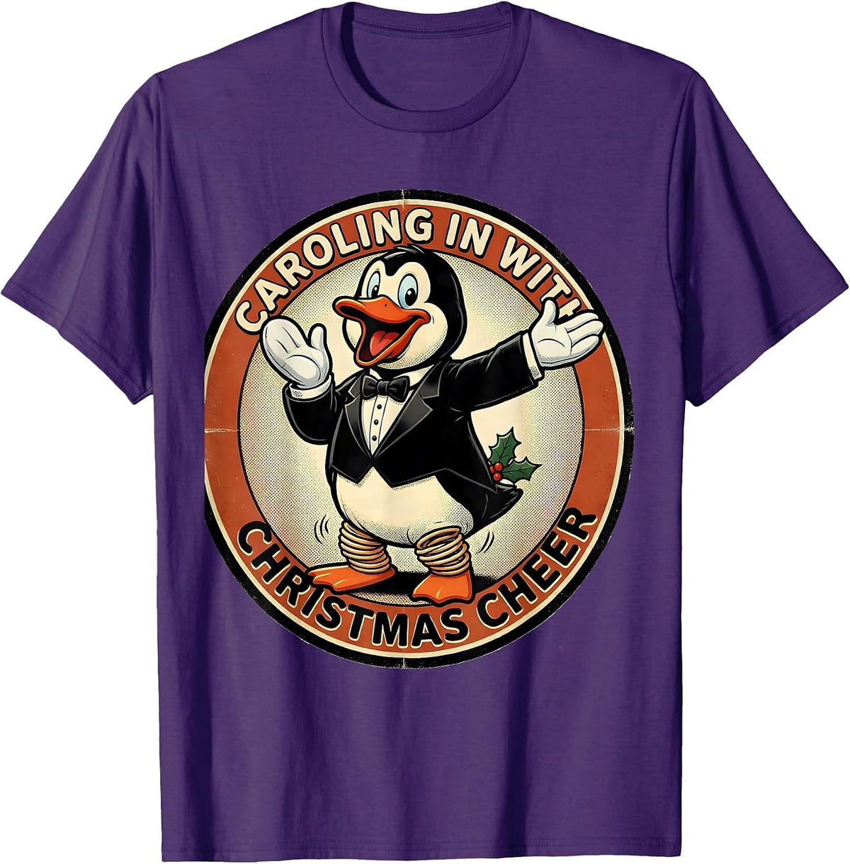 Men's Caroling In With Christmas Cheer Retro Cartoon Penguin Lover T-Shirt - Purple