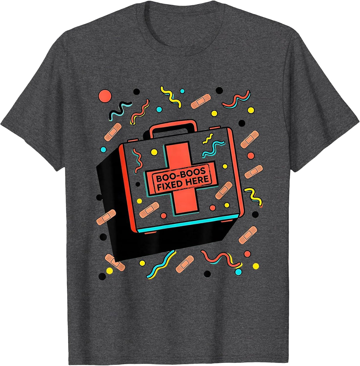 Boo-Boos Fixed Here School Nurse Design T-Shirt - Dark Heather Grey
