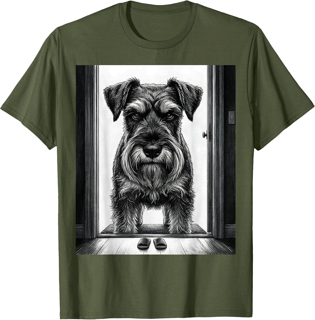 Men's Miniature Schnauzer Doorway Guard Funny Dog Lover T-Shirt - Olive Green