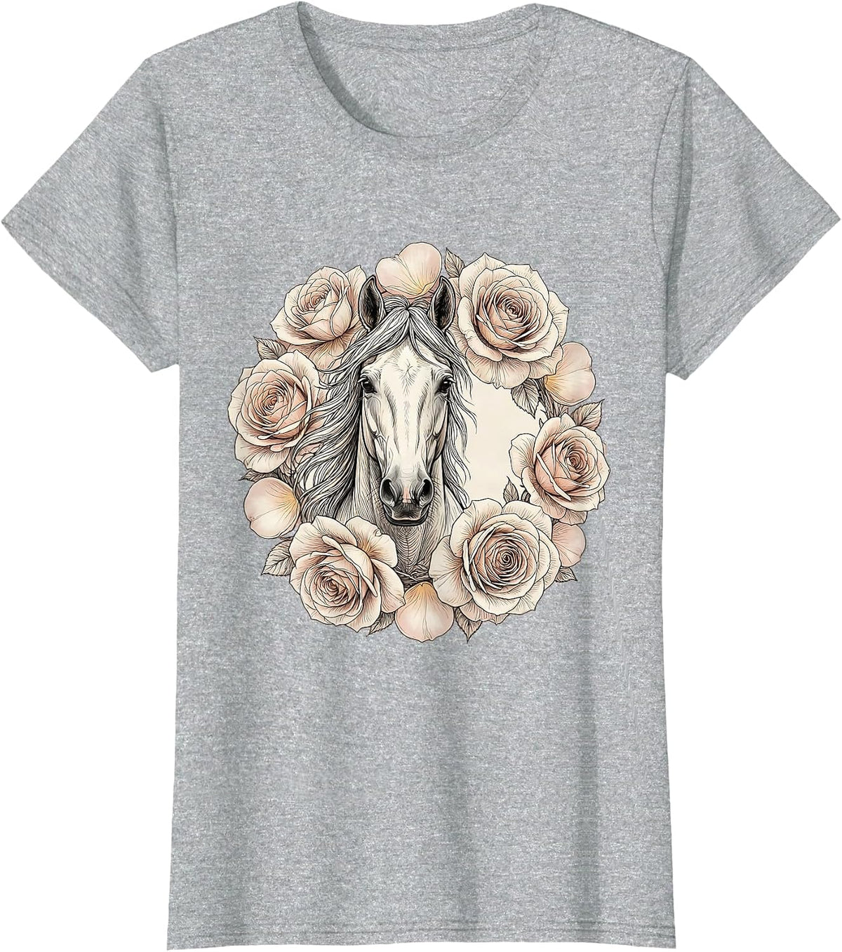 Women's Floral Derby Horse Portrait Blooming Roses T-Shirt - Heather Grey
