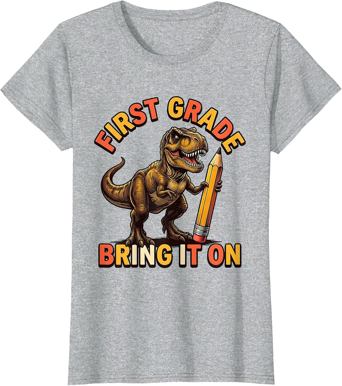 First Grade Bring It On Stomping T-Rex Dinosaur Boy Back T-Shirt - Heather Grey