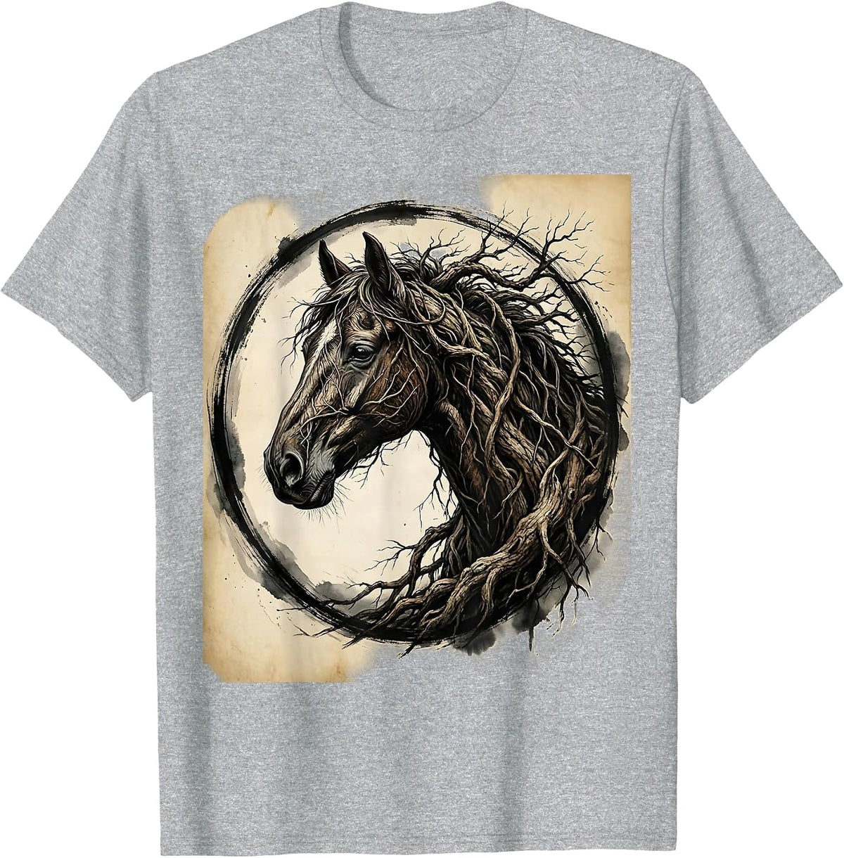Men's Horse Profile Made of Tangled Tree Roots Art T-Shirt - Heather Grey