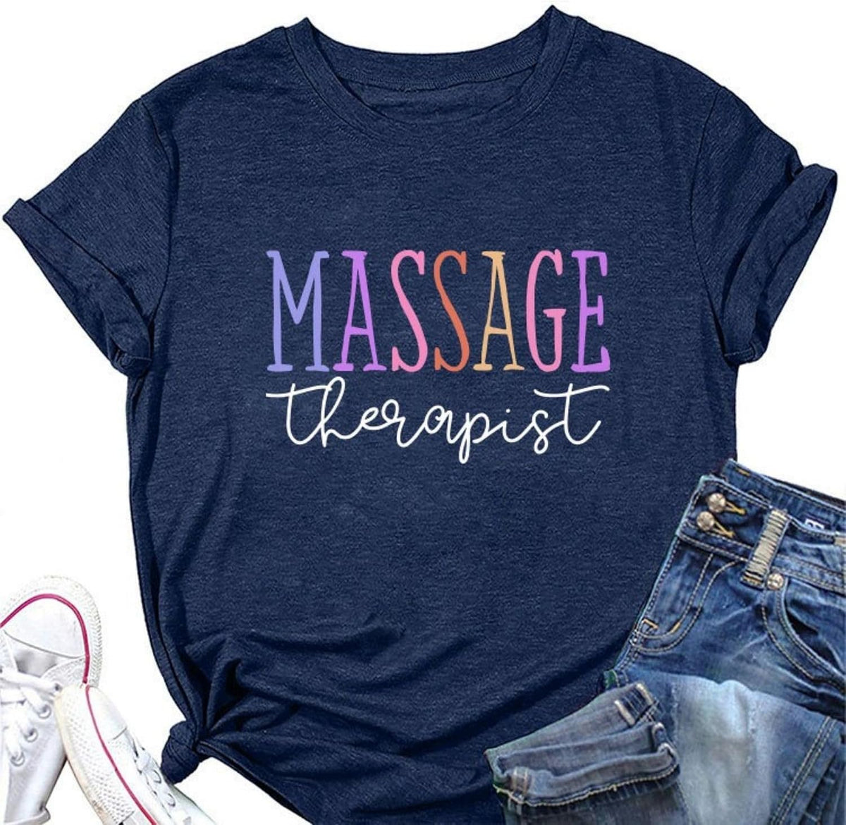 Massage Therapist T-Shirt for Women Spa Therapist Shirts Massage Lover Tee Massage Therapy Gift Short Sleeve Top - Navy