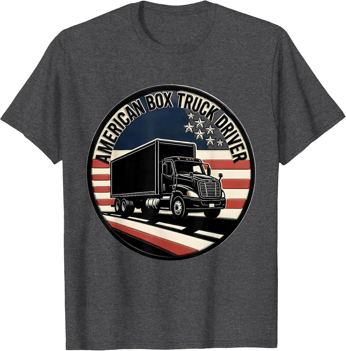 Men's American Box Truck Driver Patriotic Trucker Pride Linocut T-Shirt - Dark Heather Grey