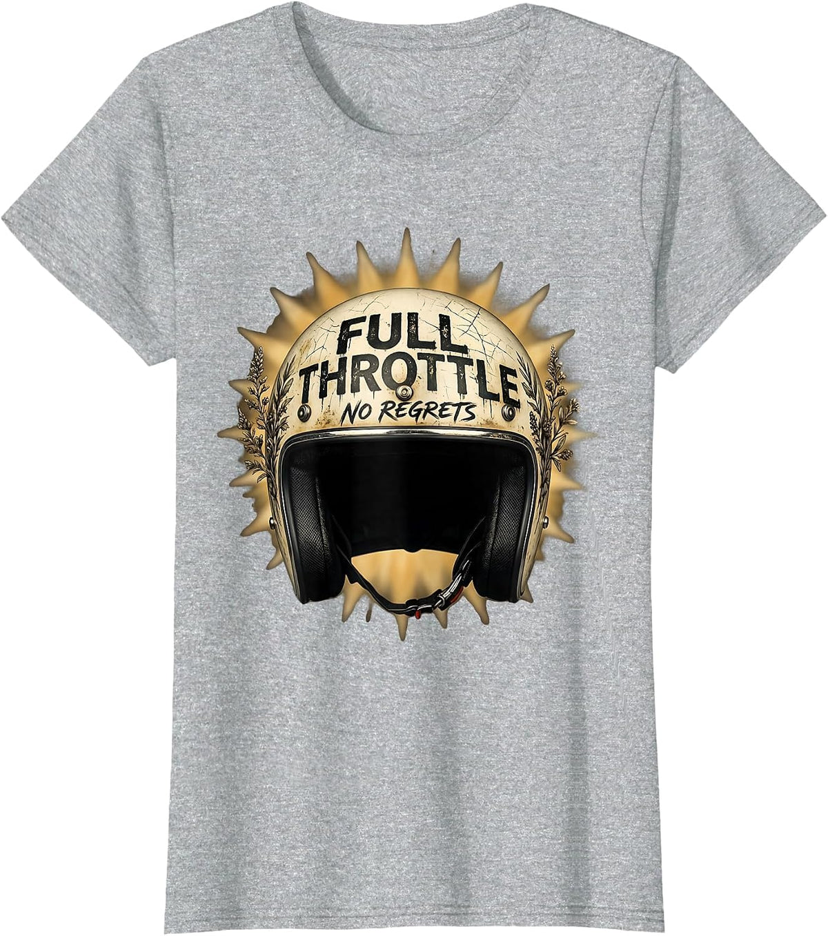 Full Throttle No Regrets Biker Design T-Shirt - Heather Grey