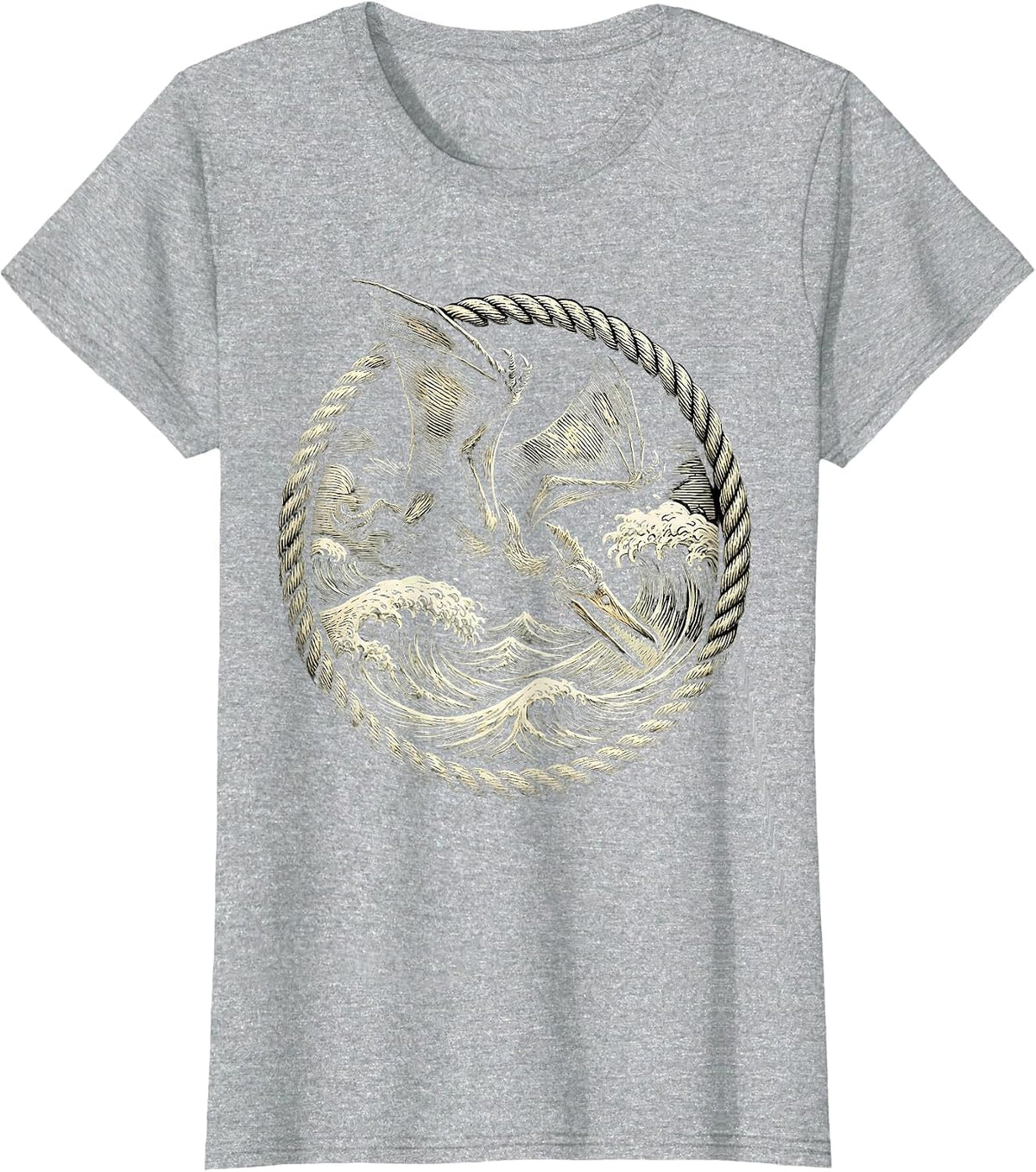 Women's Pterodactyl Diving Over Crashing Ocean Waves T-Shirt - Heather Grey
