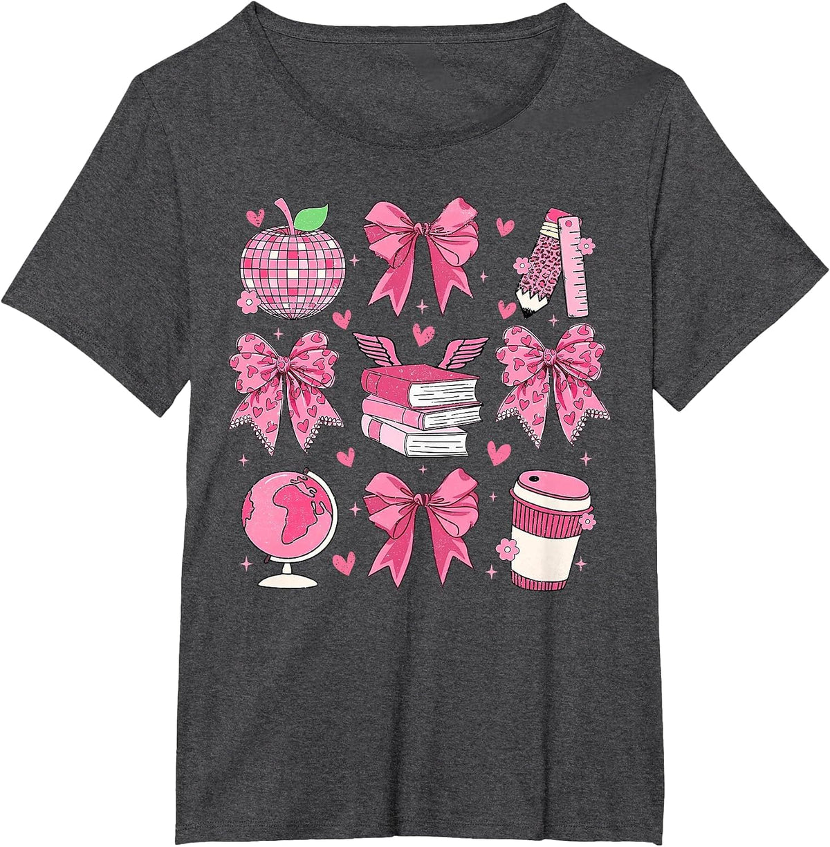 Coquette Pink Bow Apple Teacher Appreciation Valentine Day T-Shirt - Dark Heather Grey