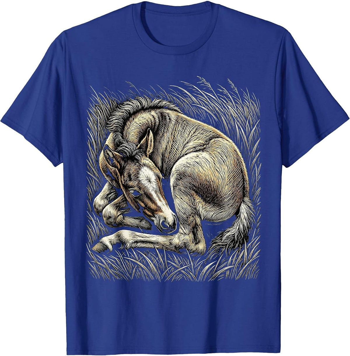 Sleeping Foal in Tall Grass Horse Lover Design T-Shirt - Royal Blue