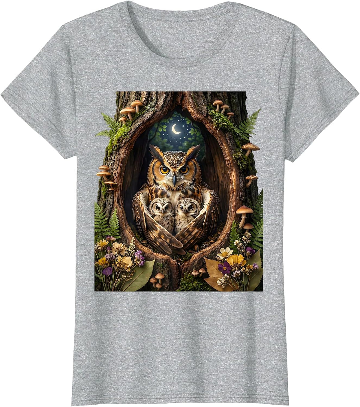 Mama Owl and Owlets in Hollow Tree Graphic T-Shirt - Heather Grey