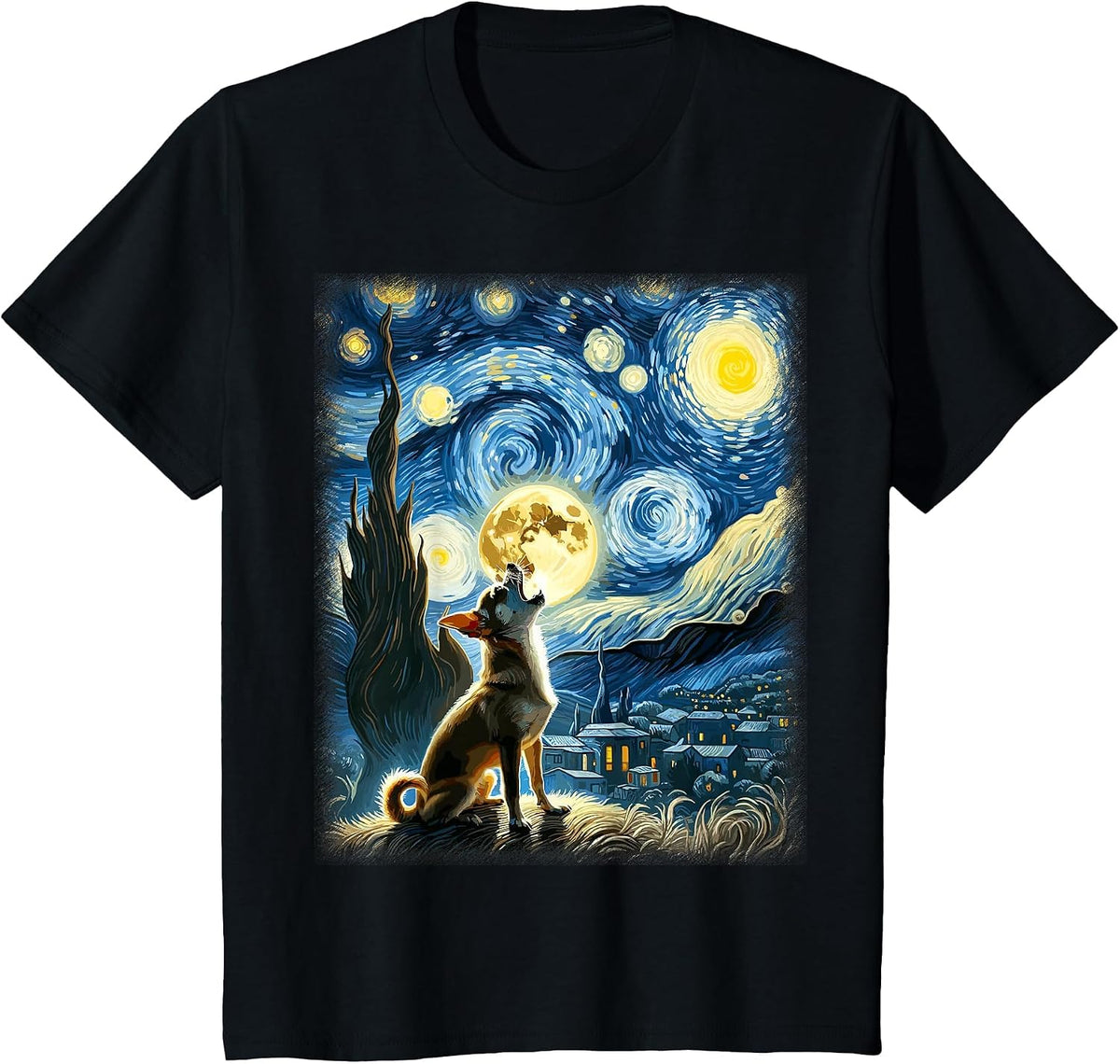 Howling Moon Artistic Pet Lover Scene Starry Night Chihuahua T-Shirt - Black