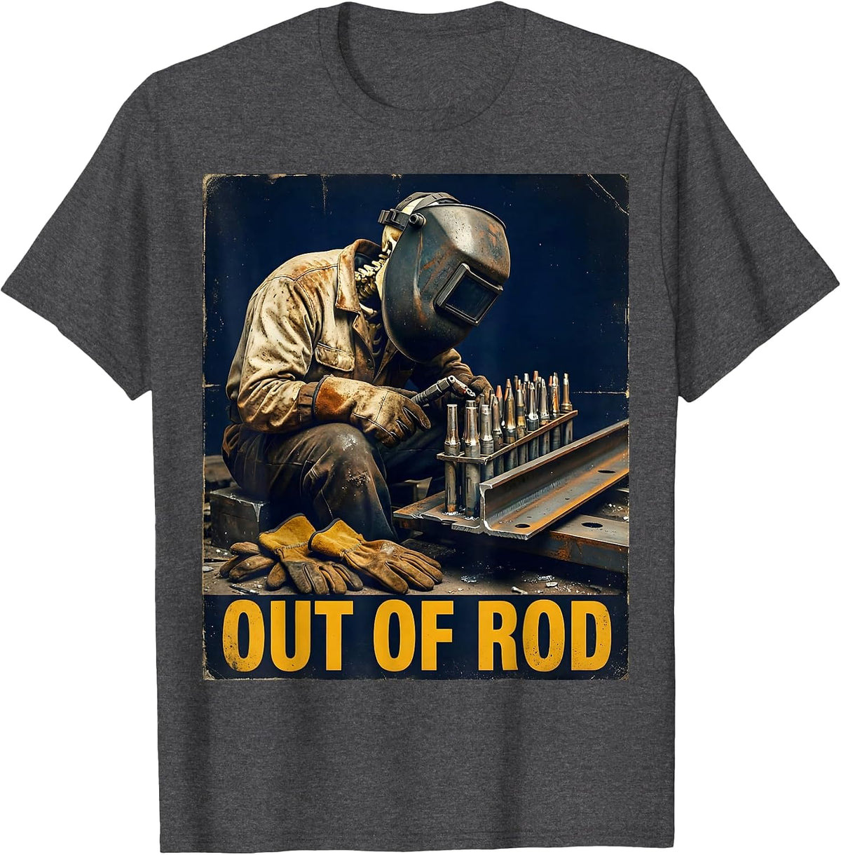 Men's Out Of Rod Vintage Welder Skeleton Tradesman Humor T-Shirt - Dark Heather Grey