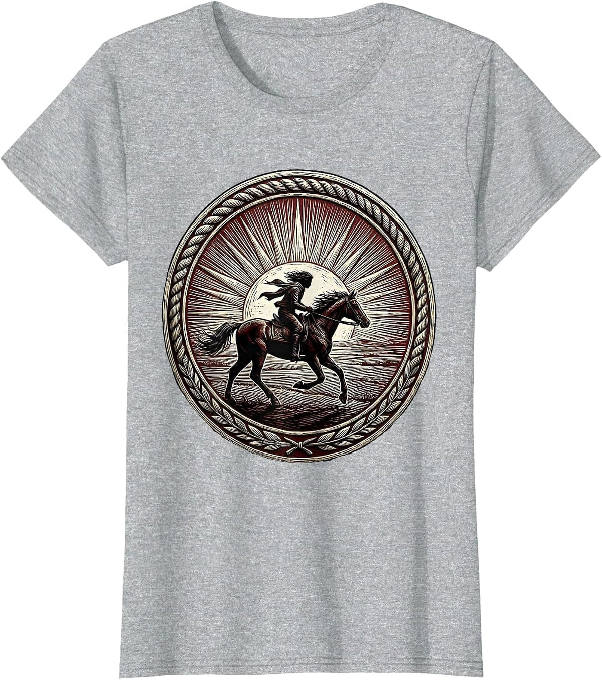 Red Freedom Lone Rider Horseback Sunset Design T-Shirt - Heather Grey