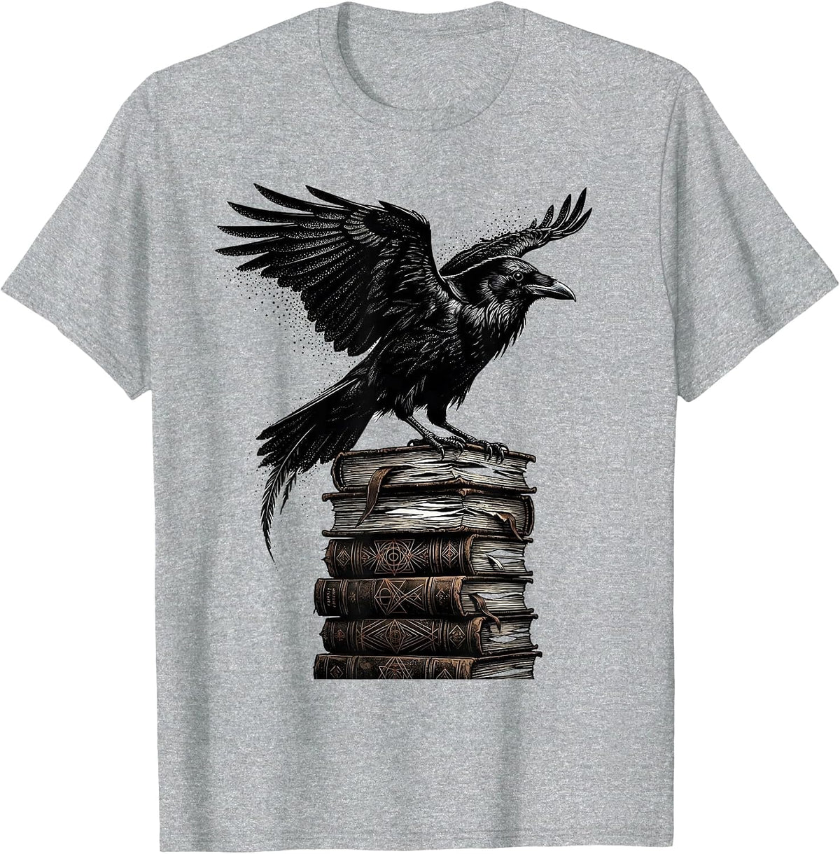 Men's Raven Perched on Stack of Old Books T-Shirt - Heather Grey