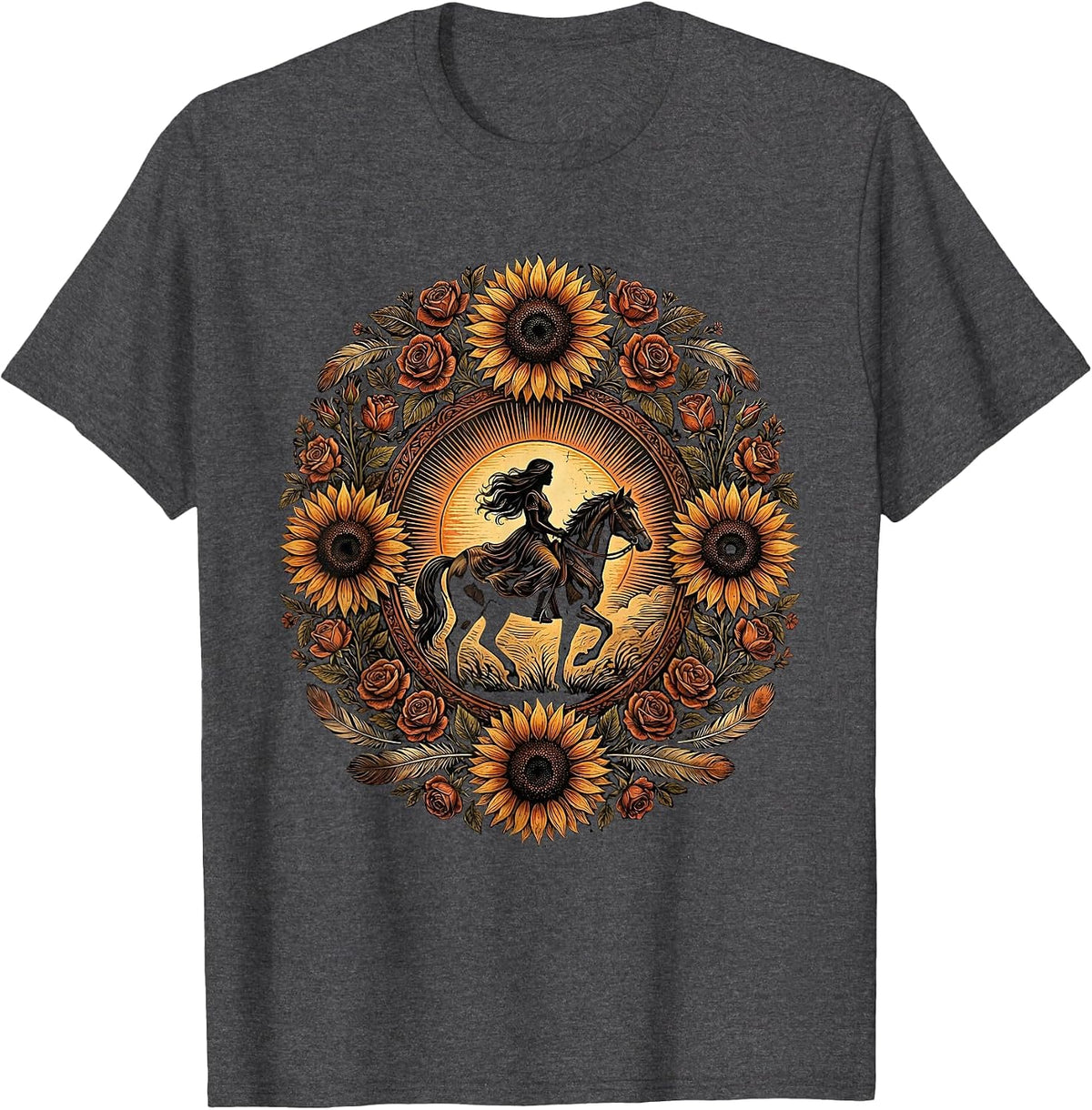 Horseback Rider Sunset Western Graphic Tee T-Shirt - Dark Heather Grey