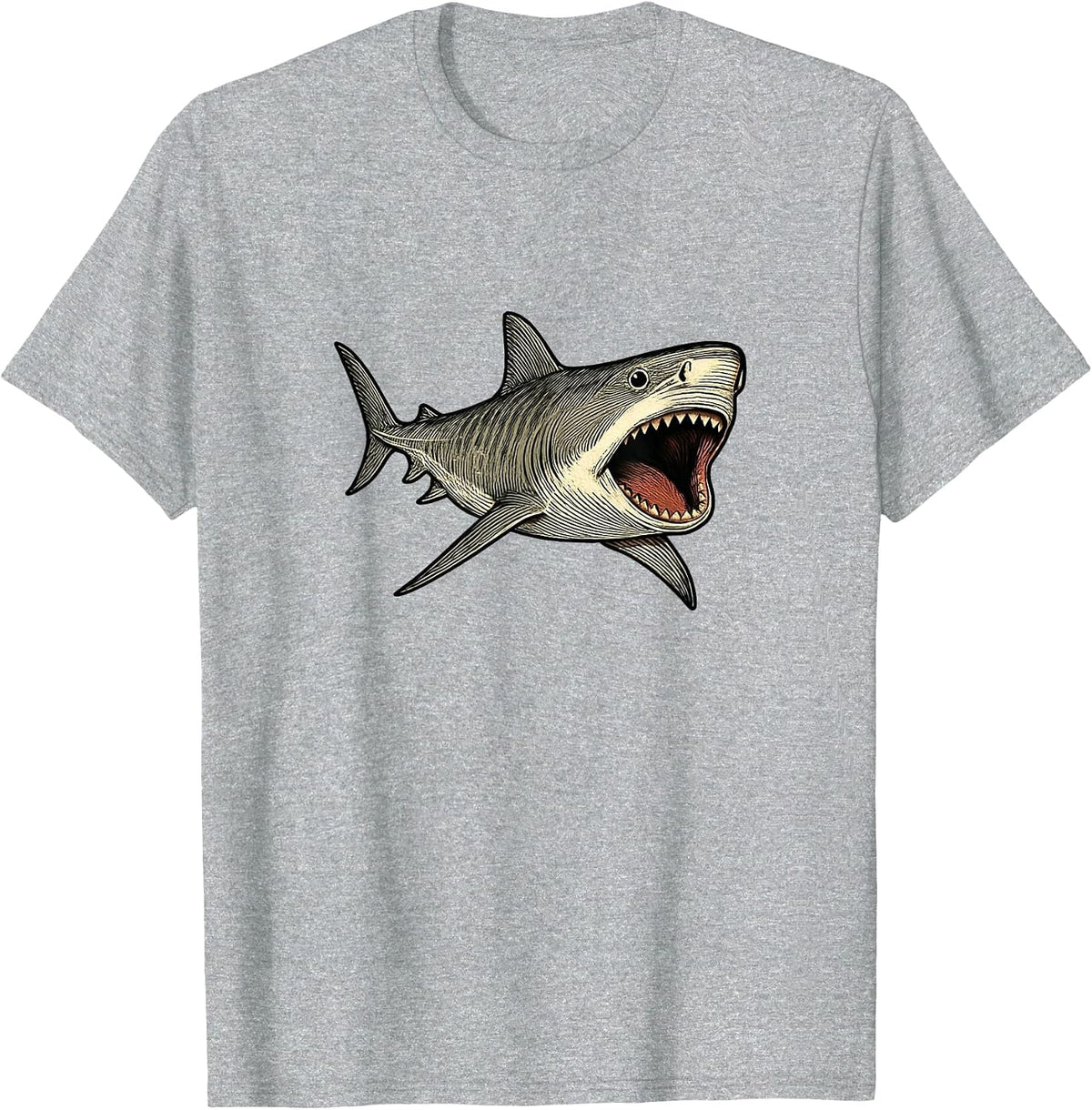 Tiger Shark with Open Mouth Ocean Design T-Shirt - Heather Grey