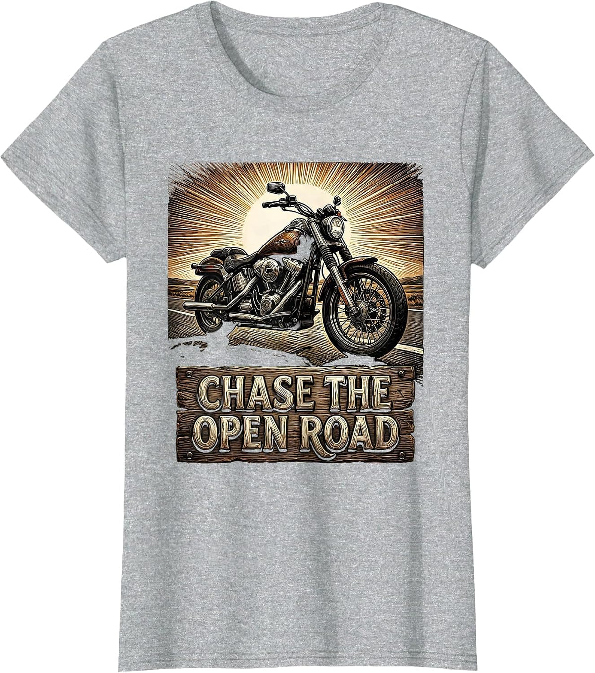 Chase the Open Road Biker Graphic Design T-Shirt - Heather Grey