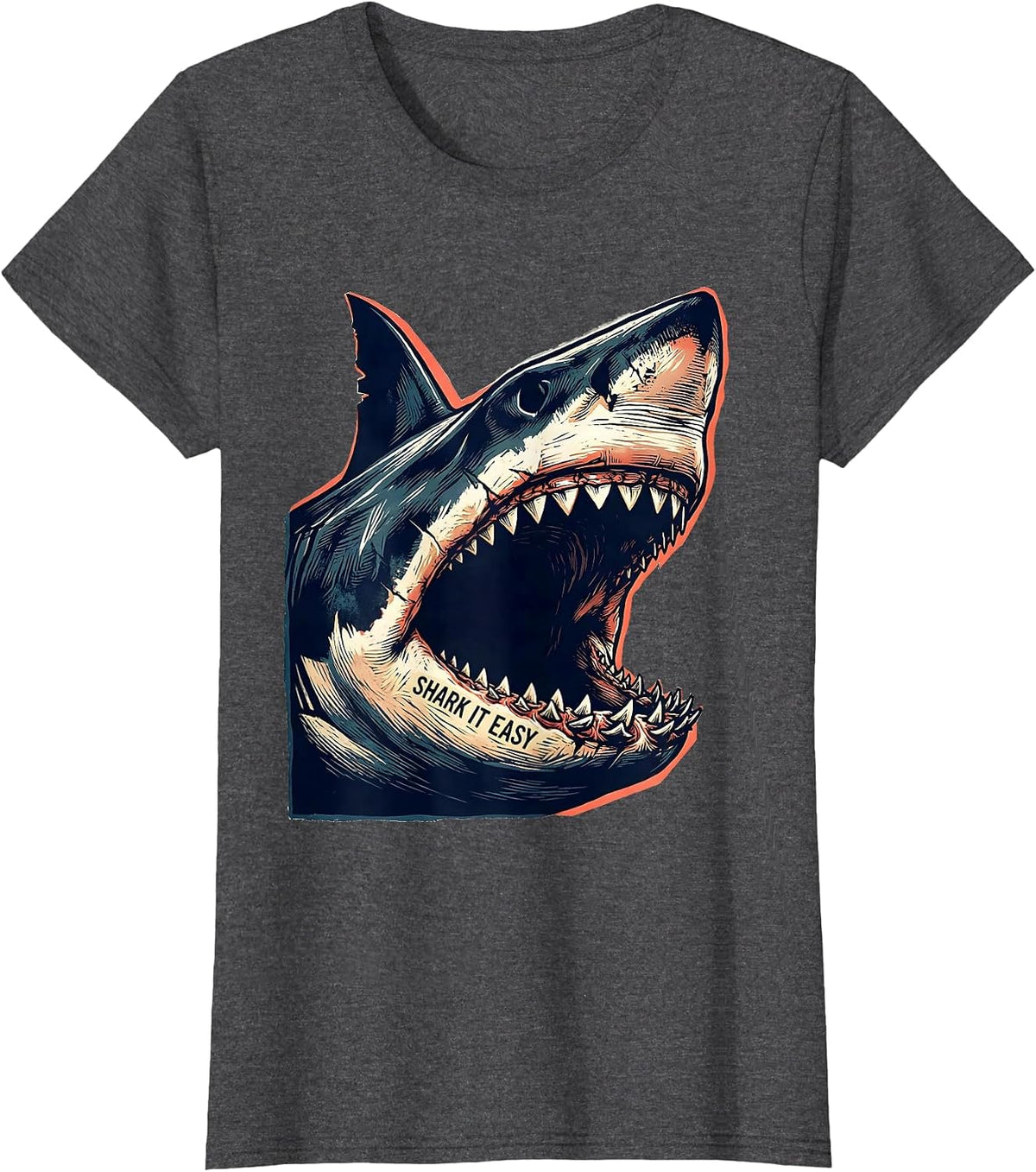Women's Shark It Easy Linocut Funny Shark Lover Ocean Animal Humor T-Shirt - Dark Heather Grey
