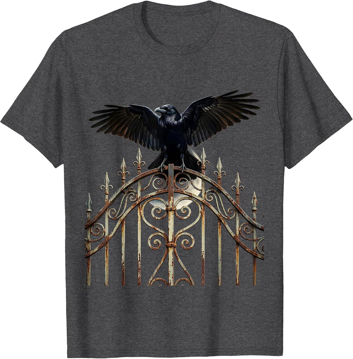 Salem Raven on Wrought Iron Gate Illustration T-Shirt - Dark Heather Grey