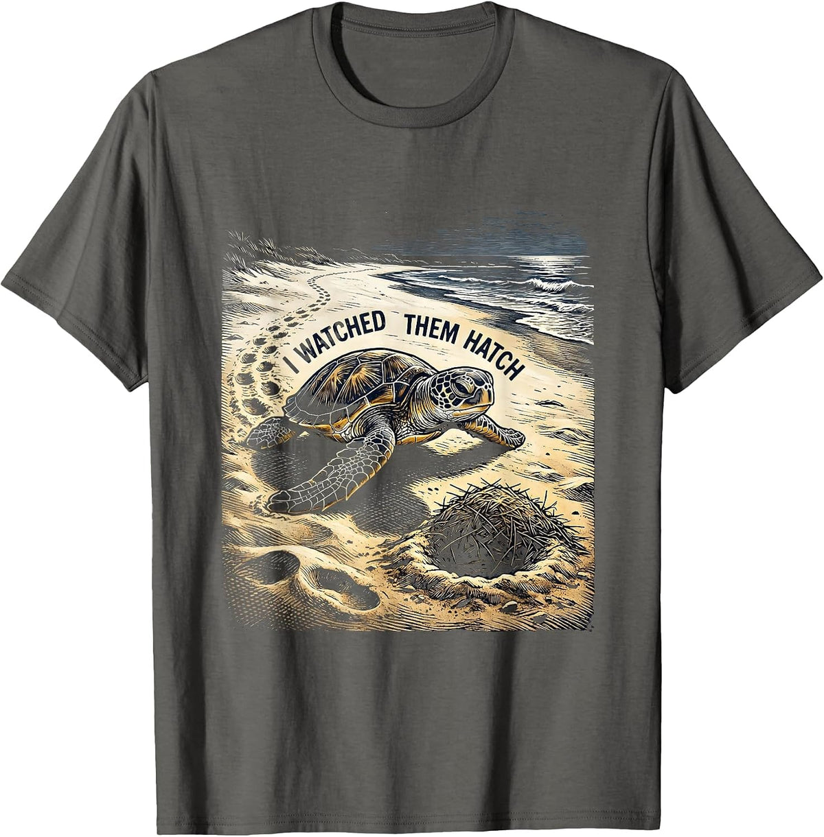 I Watched Them Hatch Woodcut Engraving Sea Turtle Vacation T-Shirt - Asphalt Grey