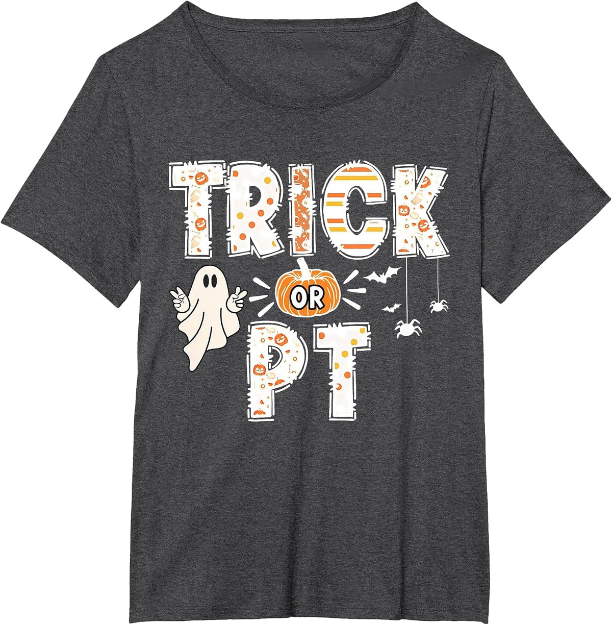 Cute Ghost Pumpkin Trick Or PT Physical Therapy Halloween T-Shirt - Dark Heather Grey