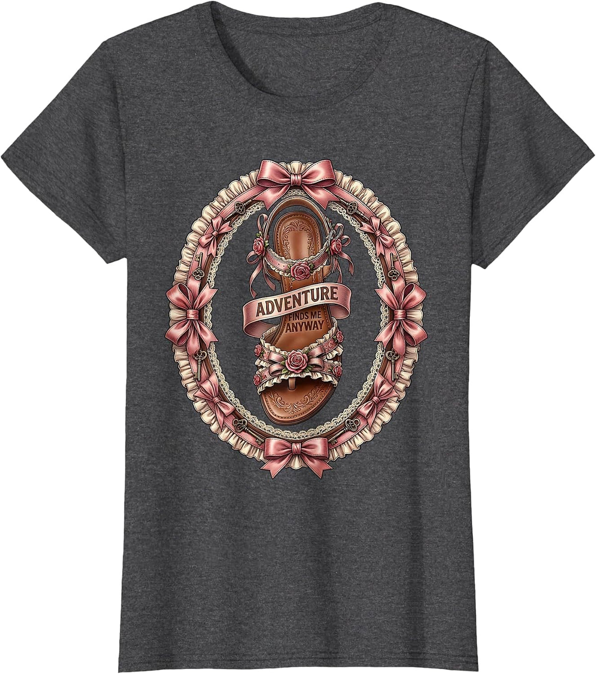 Women's Adventure Finds Me Anyway Outdoor Sandal Life T-Shirt - Dark Heather Grey