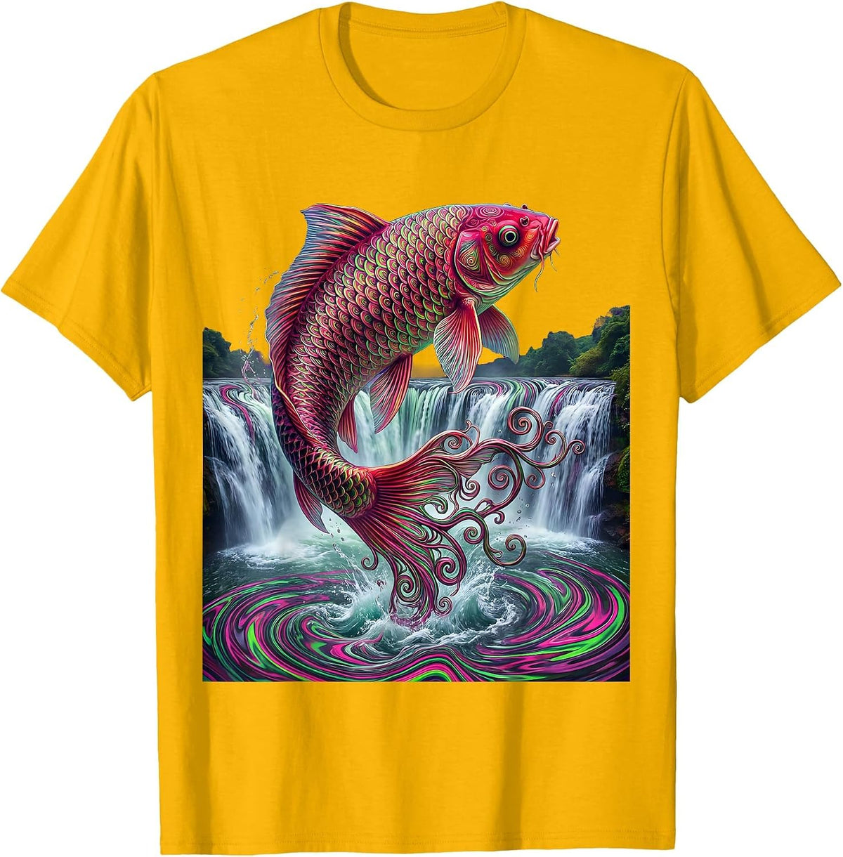 Koi Fish Leaping Waterfall Illustration T-Shirt - Golden Yellow