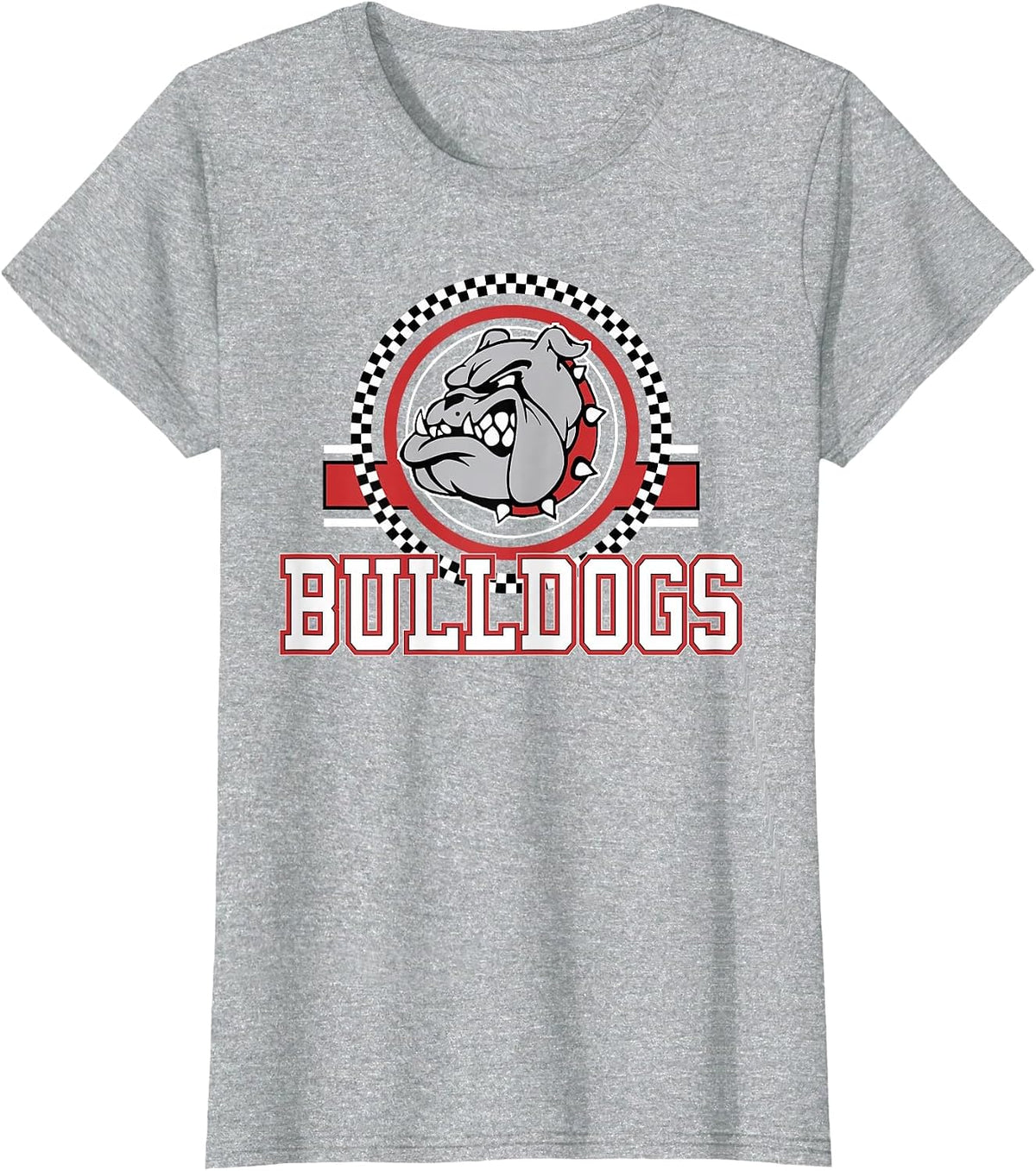 Bulldogs Checkered Print Logo Red Bulldog Mascot School T-Shirt - Heather Grey