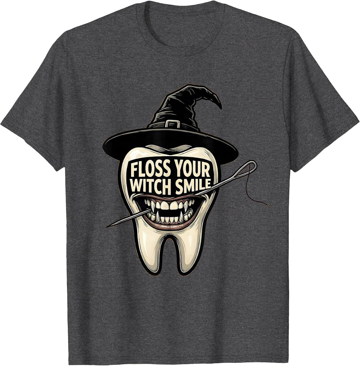 Men's Floss Your Witch Smile Funny Dental Hygienist Halloween T-Shirt - Dark Heather Grey