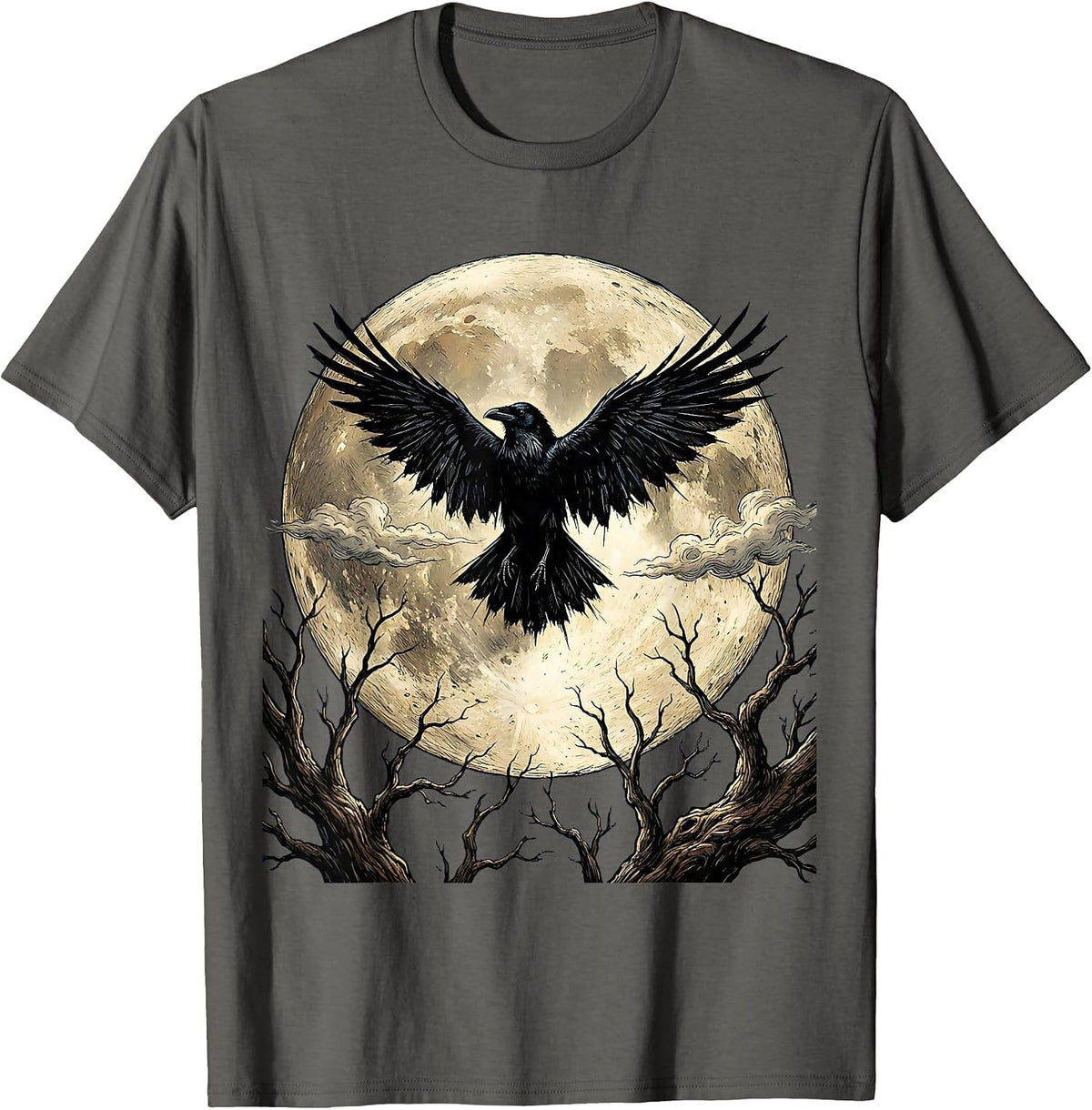 Men's Raven Silhouette Full Moon Edgar Allan Poe T-Shirt - Asphalt Grey
