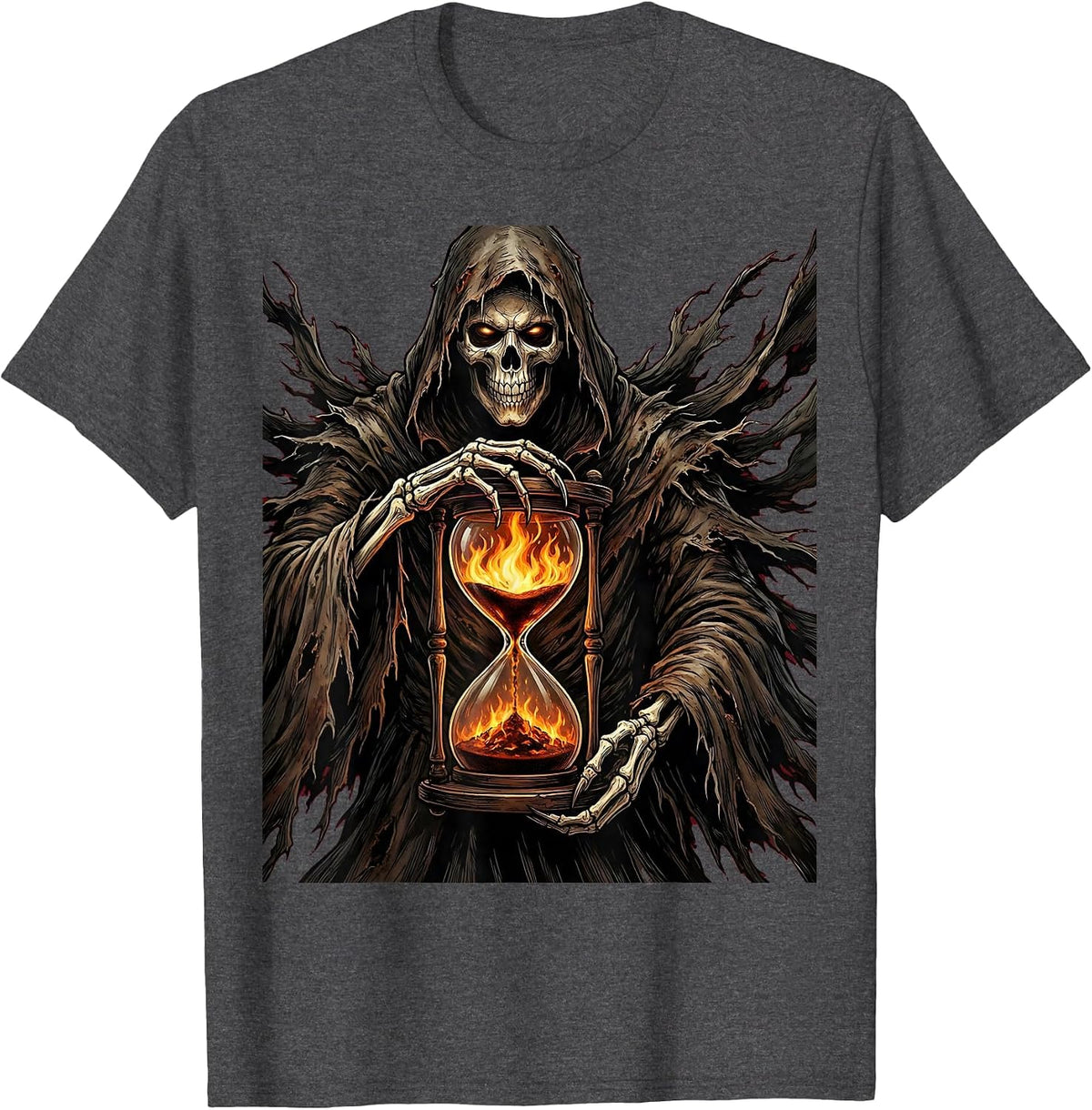 Men's Grim Reaper Hourglass of Fire Gothic Metal Art T-Shirt - Dark Heather Grey