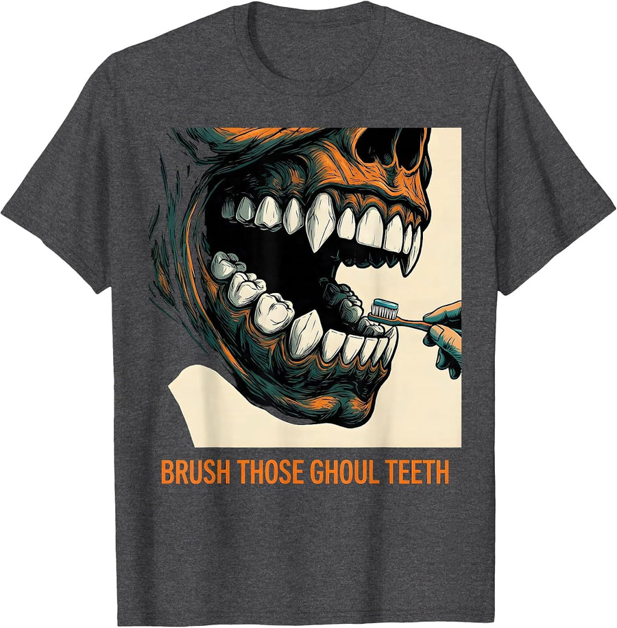 Men's Brush Those Ghoul Teeth Funny Dental Hygienist Halloween T-Shirt - Dark Heather Grey