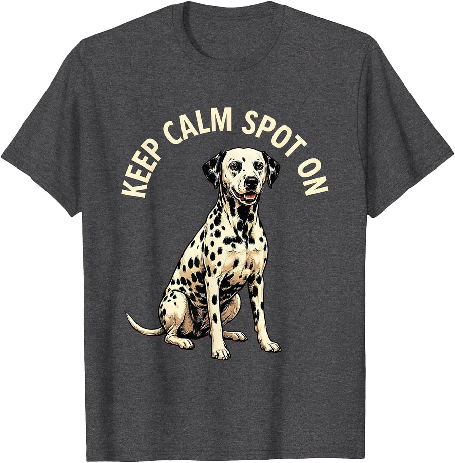 Men's Keep Calm Spot On Dalmatian Dog Design T-Shirt - Dark Heather Grey