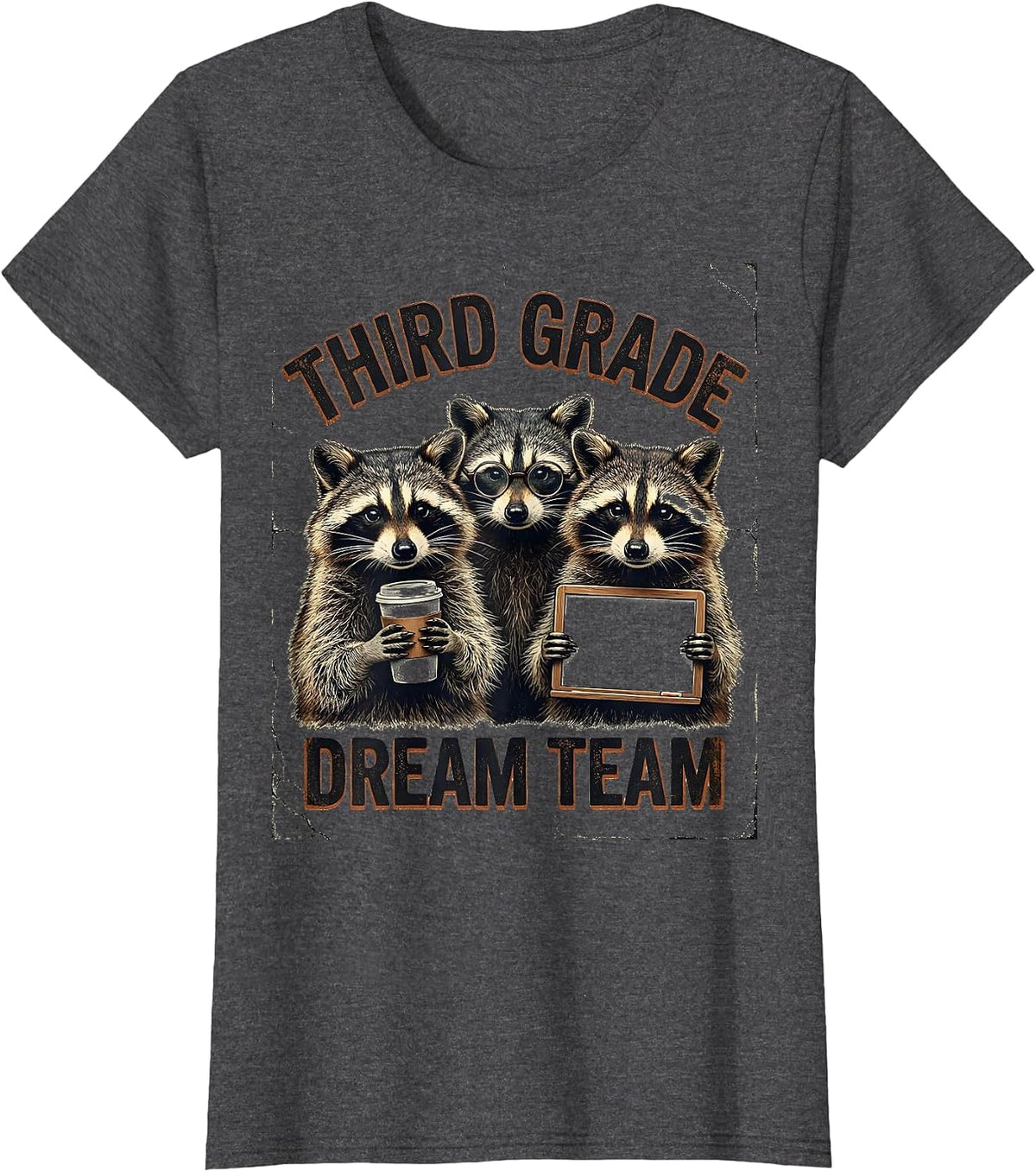 Women's Third Grade Dream Team Distressed Raccoon Teacher Back T-Shirt - Dark Heather Grey
