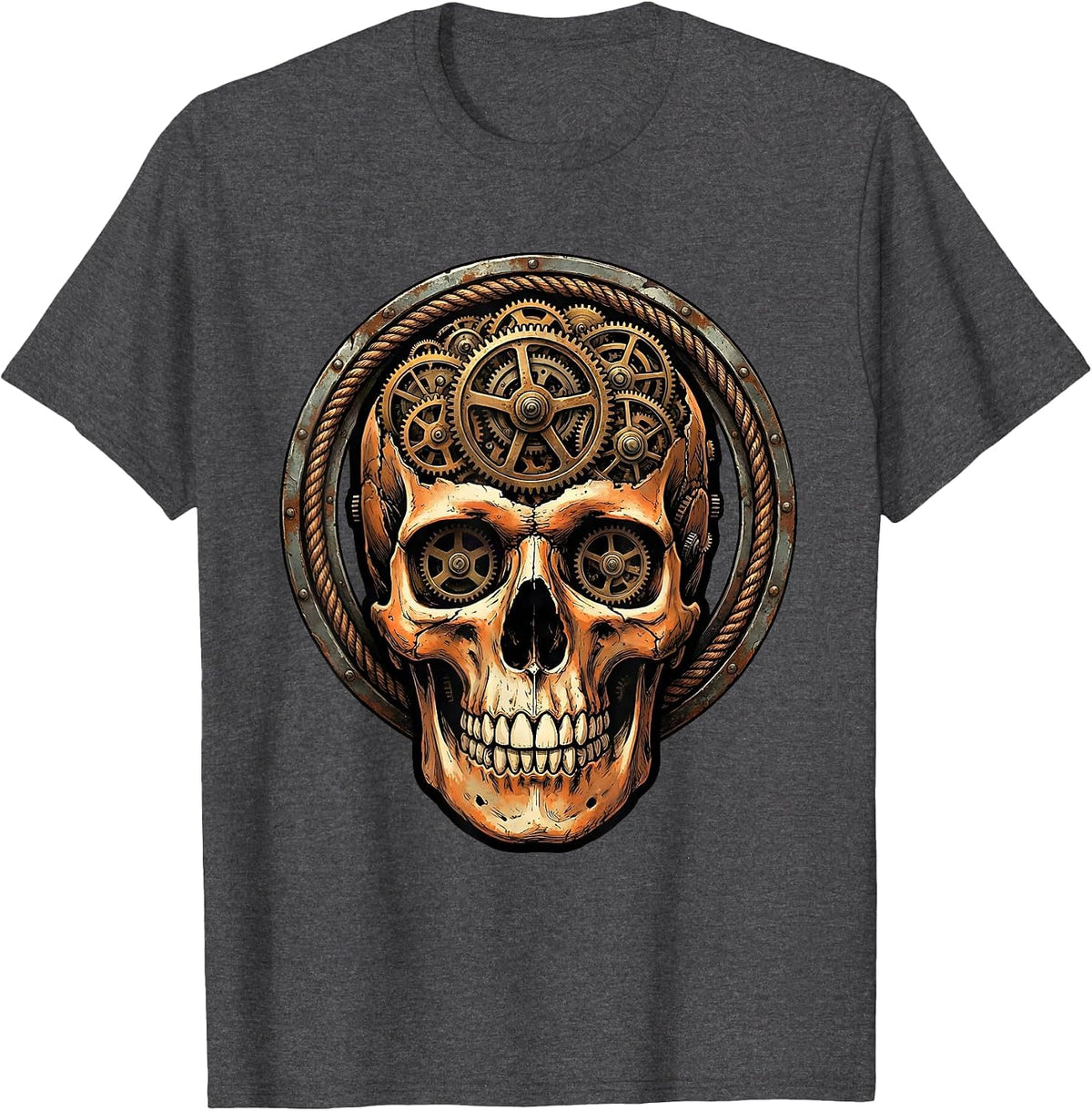 Skull Clock Gears Vintage Steampunk Illustration T-Shirt - Dark Heather Grey